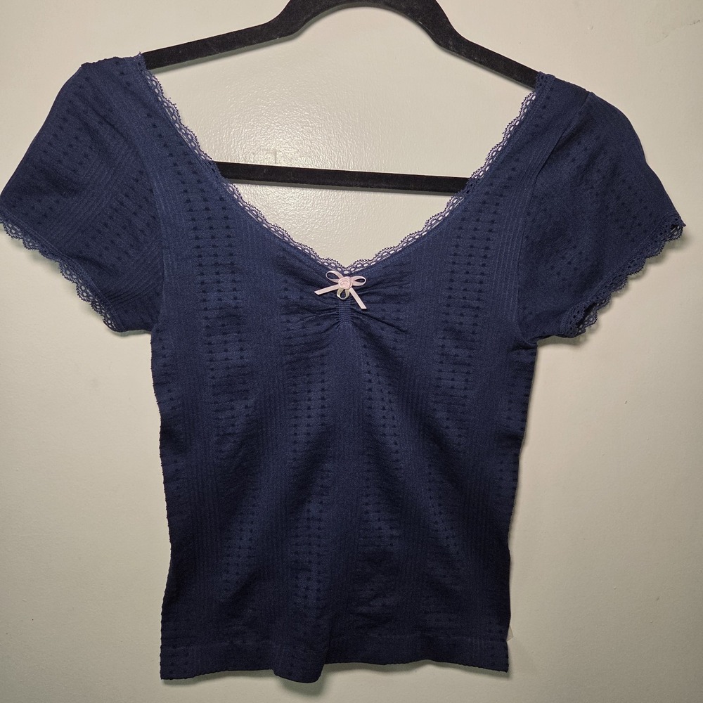 Vital Life Womens Navy Blue Lace Trim Scoop Neck Top Short Sleeve Stretch Fitted